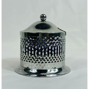 England Chrome Covered Condiment/Sugar Bowl w/Lid Cobalt Blue Glass Insert Jam